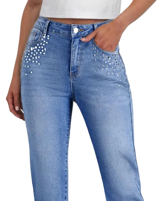 Women’s Rhinestone Straight Leg Jeans - High Waisted Stretch Wide Leg Sparkly Denim Pants