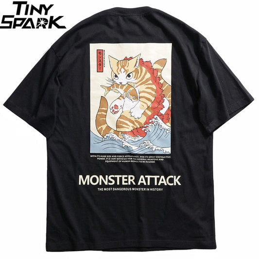 Men Hip Hop T Shirt Streetwear Monster Cat T-Shirts Harajuku Japan Style Funny Tshirt Summer Short Sleeve Cotton Tops Tees-0
