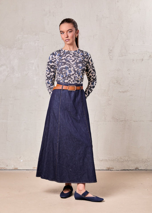 A-Line Seamed Denim Skirt-Blue