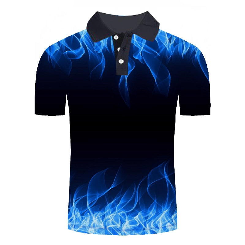 Polo shirt men Business Casual male polo shirt Short Sleeve Blue flame 3D print tops polo homme polo shirt