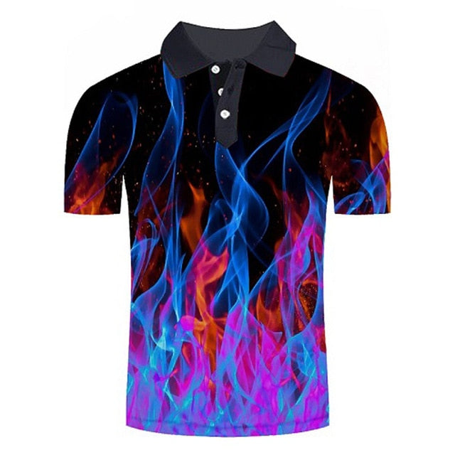 Polo shirt men Business Casual male polo shirt Short Sleeve Blue flame 3D print tops polo homme polo shirt